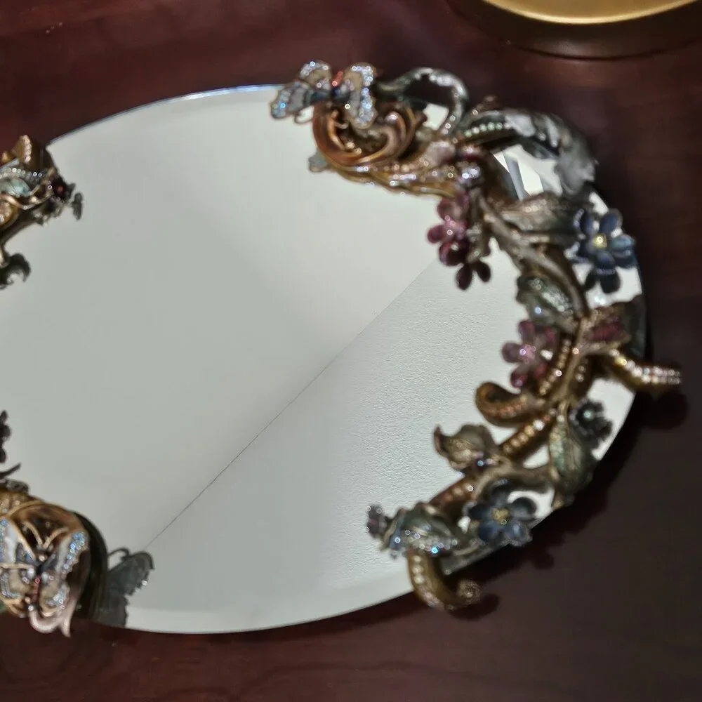 RARE JAY STRONGWATER FLORA & FAUNA CRYSTAL ENAMEL MIRROR VANITY BATH TRAY OBJET